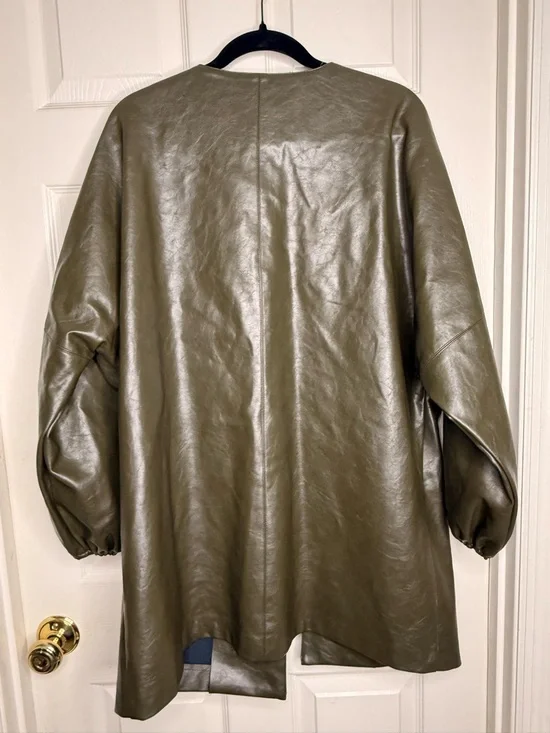 Olive Faux Leather Jacket Women M/L Open Front Lightweight Chic Rare by p. Cill - Picture 10 of 10